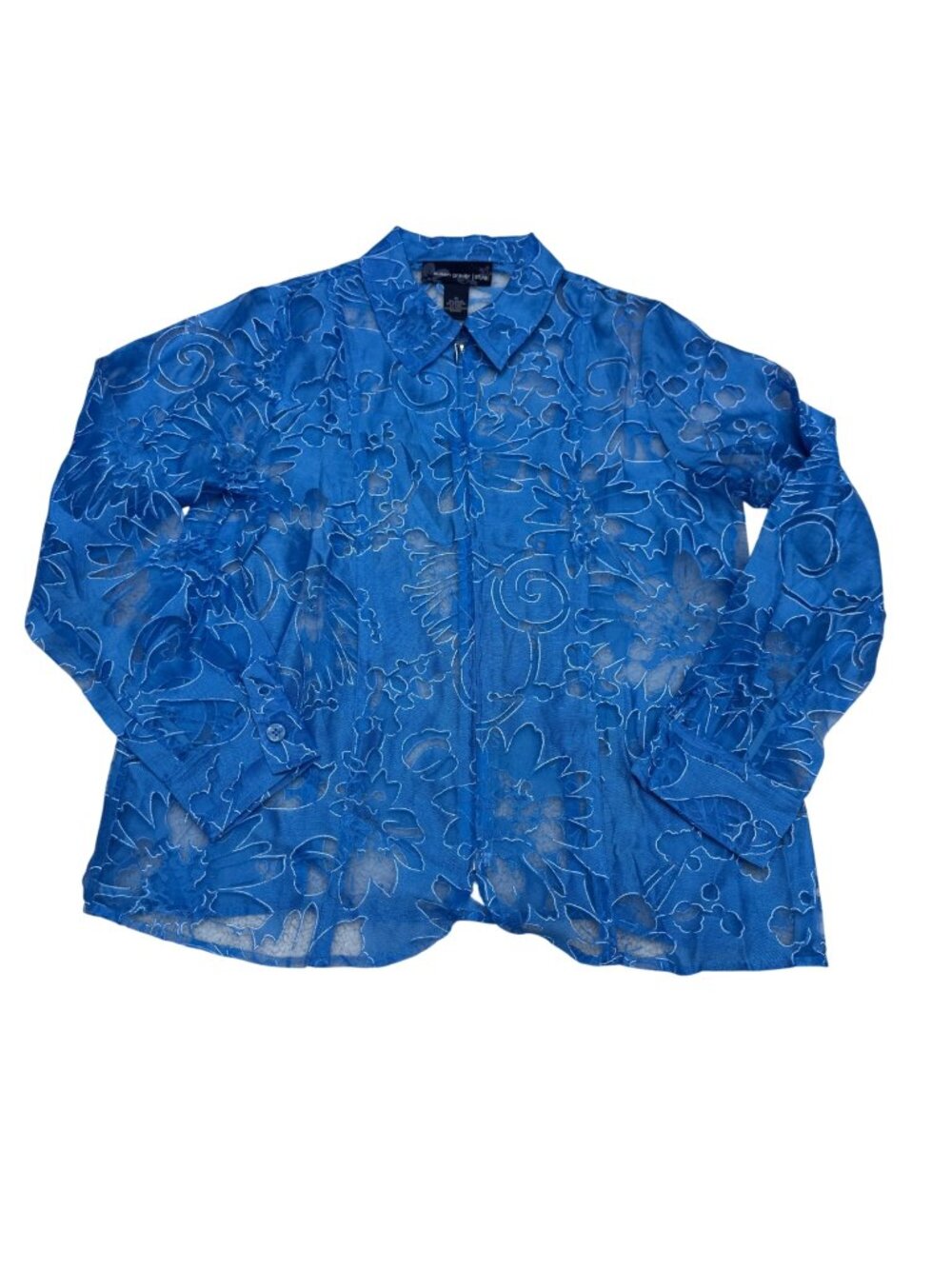 Susan Graver Women's Front Zip Up LS Sheer Blue Floral Blouse Top, Size M